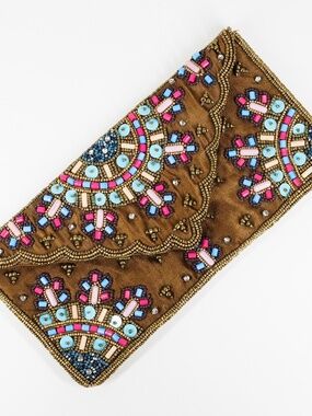 Satin Beaded Envelope Clutch Brown Pink Turquoise Blue Brass Rhinestone Sunburst